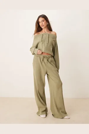 ASOS Kakigrønne joggingbukser med vaffeltekstur og paperbag-talje - Del af sæt-Lyserød