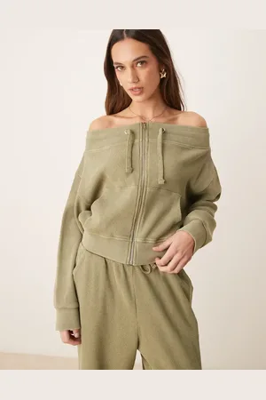 ASOS Kakigrøn offshoulder-sweatshirt med vaffeltekstur og gennemgående lynlås - Del af sæt-Lyserød