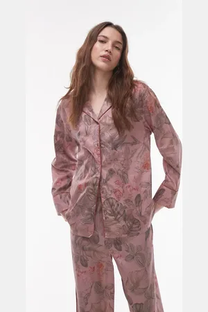 MANGO Pink pyjamasskjorte med botanisk print i satin - Del af sæt