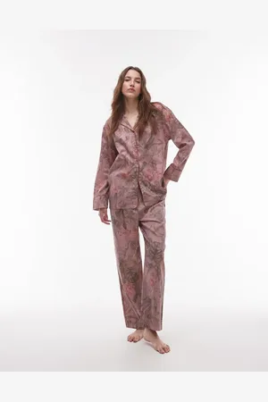 MANGO Pink pyjamasbukser med vide ben og botanisk print i satin - Del af sæt
