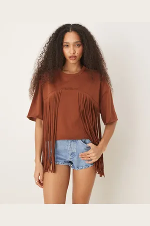 ASOS Chokoladebrun cropped T-shirt med frynsedetaljer i firkantet pasform-Multifarvet