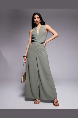 ASOS Kakigrønt jumpsuit med V-hals og rynkedetalje i taljen-Multifarvet