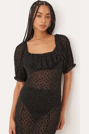ASOS Bodystocking med korte ærmer, flæsedetaljer og velouriseret blomstermønster i mesh