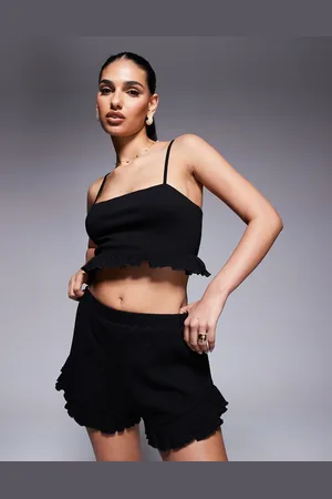 ASOS Sorte flagrende shorts med flæsekant i krølstof - Del af sæt