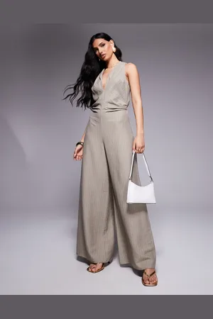 ASOS Stribet jumpsuit med V-hals og rynkedetalje i taljen-Grå