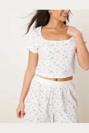 ASOS Mix og match - Tætsiddende pyjamas-t-shirt med picot-kant og småblomstret blåt print-Hvid