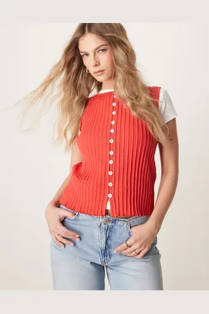Free People Tilly - Tomatrød ribstrikket top med knapper