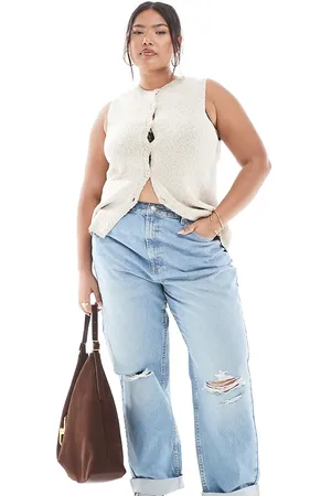 ASOS ASOS DESIGN Curve - Afslappede mom-jeans med høj talje og sliddetaljer på knæene i lys vask-Blå