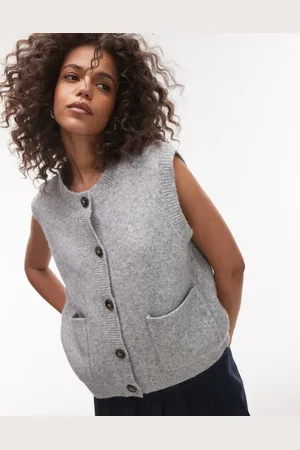 Topshop Grå strikket oversized vest med lommer og rund hals