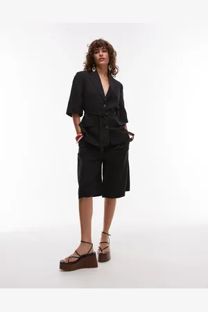 MANGO Sorte longline-bermudashorts i hørblanding