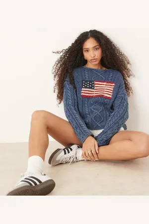 Ralph Lauren Blå kabelstrikket trøje med flaglogo