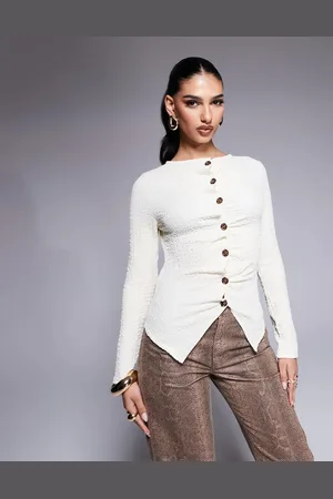 ASOS Cremehvid T-shirt med lange ærmer, tekstur og gennemgående knapper