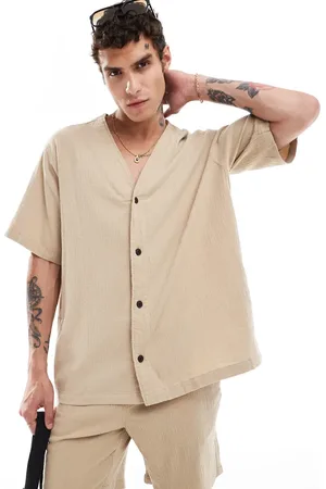ADPT. Oversized baseball-skjorte i krølstof - Del af sæt-Neutral