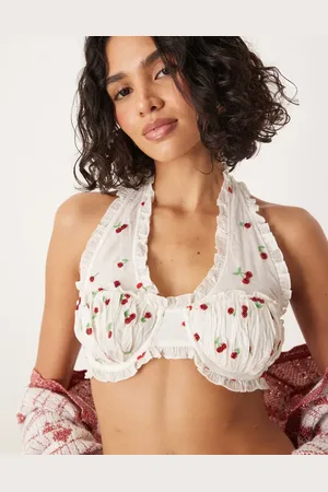 For Love & Lemons Hvid bralette med perledetaljer og rødt kirsebærprint - Del af sæt-Multifarvet