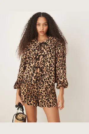 Glamorous Bluse med bindebånd foran og leopardprint - Del af sæt-Multifarvet