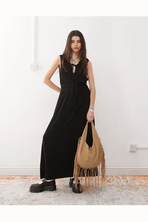 Reclaimed Maxi-sundress med rynker og bindebånd i hørblanding