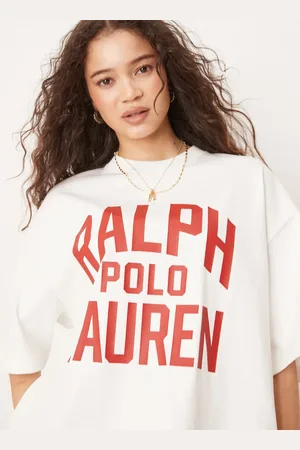 Ralph Lauren Råhvid T-shirt med rødt logoprint i firkantet pasform
