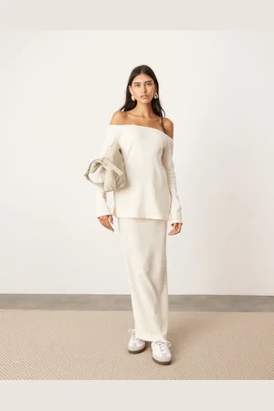 ASOS Cremehvid maxinederdel med slids i jersey - Del af sæt