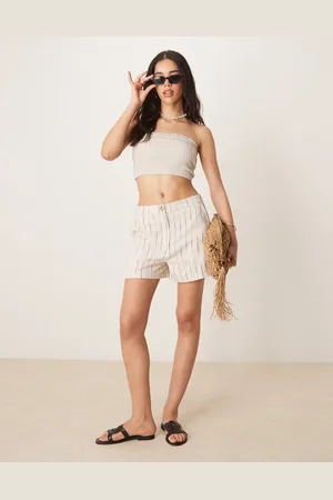 ASOS Naturfarvede afslappede dad-shorts i hørblanding med buede striber-Multifarvet