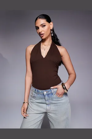 ASOS Chokoladebrun bodystocking i polyamid med dyb halterneck