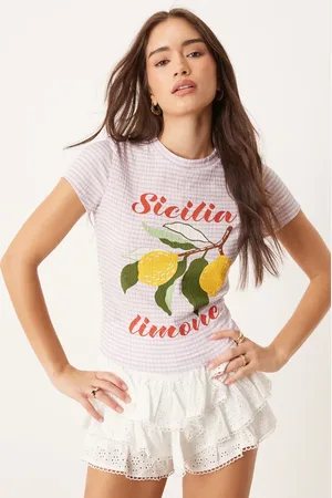 ASOS Baby-T-shirt i lyslilla gingham-tern med grafisk 