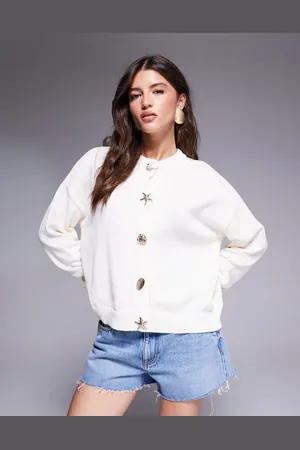 ASOS Ecrufarvet strikket cardigan med guldfarvede knapper-Hvid