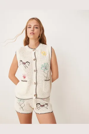 ASOS Ecrufarvet strikket tanktop med broderier - Del af sæt-Hvid