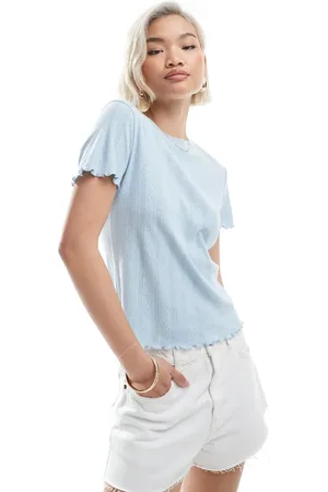Pieces® Lyseblå T-shirt med bølgekant i pointelle