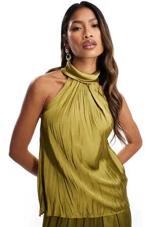 River Island Plisseret halterneck-top i satin - Del af sæt-Grøn