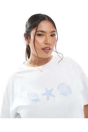 Pieces® PIECES Curve - Hvid og oversized T-shirt med muslingeskalsgrafik