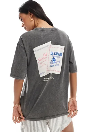 Pull&Bear Grå og forvasket og oversized T-shirt med grafisk "Fresco Bar"-print