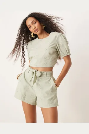 ASOS Grønne pull-on dad-shorts med broderet 3D blomstermønster - Del af sæt