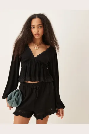 ASOS Top i krølstof med bindebånd på ryggen, ballonærmer og blondekant