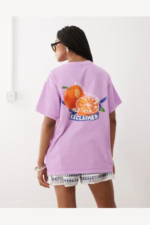 Reclaimed Oversized lyslilla T-shirt med appelsinprint på ryggen-Lyserød