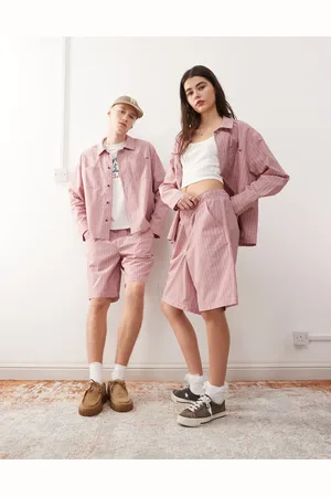 Reclaimed Unisex - Røde longline-shorts med tern - Del af sæt-Multifarvet