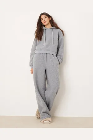 ASOS Blåt loungesæt med cropped hættetrøje og bukser med vidde i imiteret lammeskind