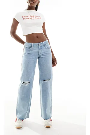 Hollister Afblegede posede jeans med lav talje og rå sømkanter-Blå