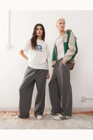 Reclaimed Unisex - Koksgrå pull-on-bukser med vide ben og nålestriber