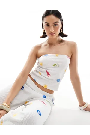 ASOS Bandeau-top med vaffeltekstur og feriebroderier - Del af sæt