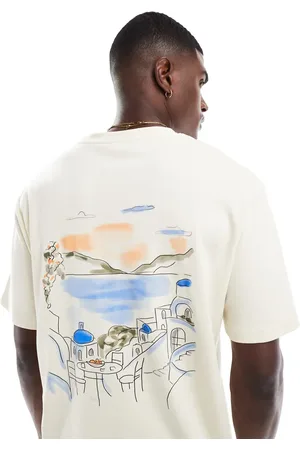 JACK & JONES Cremefarvet og oversized T-shirt i kraftigt materiale med Mykonos-print på-Hvid