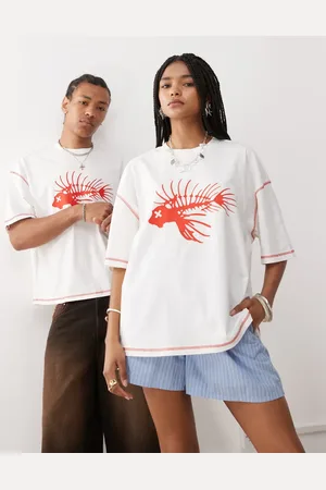 COLLUSION Unisex - T-shirt med fiskeprint og sømdetaljer