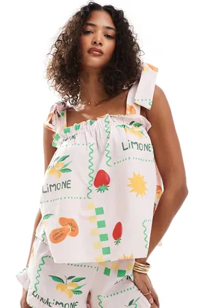 Pieces® Lyserød smock-top med bindebånd i skulderen og frugtprint