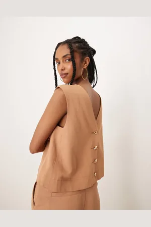 ASOS Gyldenbrun skræddersyet top med høj hals og blandede knapper bagpå - Del af sæt-Sort