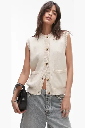 Topshop Cremehvid tanktop med hulstrikkede detaljer og knapper