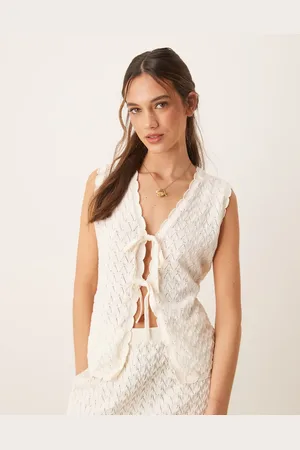 ASOS Ecrufarvet hæklet strikket cardigan med bindebånd foran-Hvid