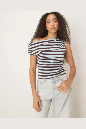 ASOS Rynket baby-T-shirt med offshoulder-snit og brune og blå striber-Multifarvet