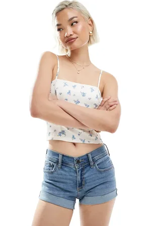 Hollister Lavtaljede mini-denimshorts med opsmøg i mellemblå vintage-vask