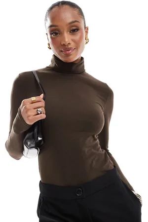 Threadbare Tall - Ribstrikket bodystocking i chokoladebrun med lange ærmer