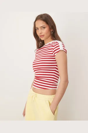 ASOS Rød og cremehvid ribstrikket baby-T-shirt med knapdetaljer og striber-Multifarvet