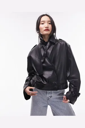 Topshop Og cropped trenchcoat i imiteret læder